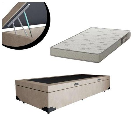 Cama Box Baú Solteiro Conforto Suede Bege + Colchão Solteiro Conforto Espuma D23 Com EPS 16x88x188