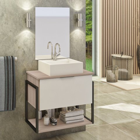 Kit Gabinete Banheiro Completo Industrial Tech 60cm Madeirado/branco - Cuba Branca