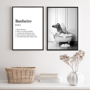 Kit 2 Quadros Divertidos Banheiro - Zebra 24x18cm - com Vidro:madeira Preta