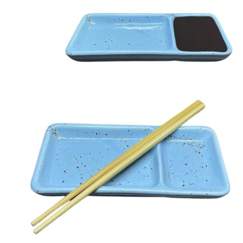 Prato Individual com Divisória para Sushi e Shoyu em Porcelana Sapporo Azul Mesclado