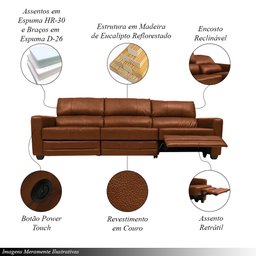 Sofá Sala de Cinema Elétrico Maldivas Reclinável Retrátil 4 Lugares 281cm Couro Conhaque Brilho G40  - 3