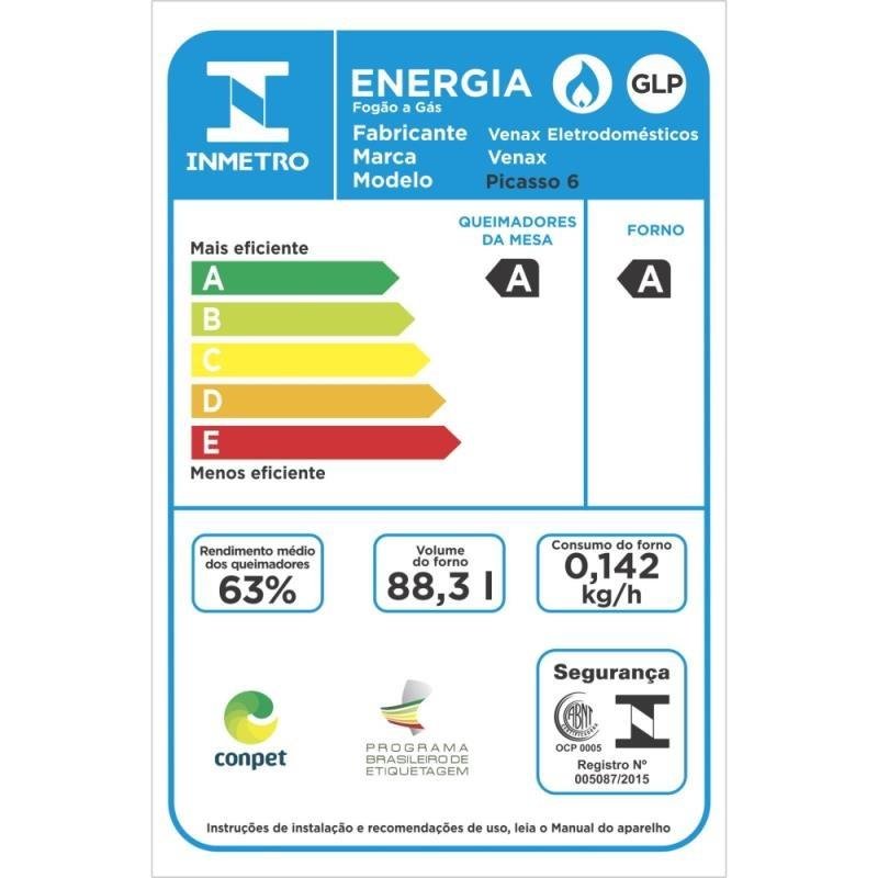 FOGAO 6 BOCAS VENAX PICASSO GIII BRANCO GAS GLP - 4