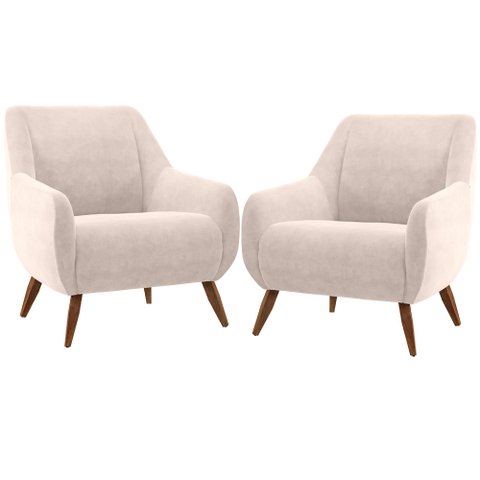 Kit 02 Poltronas Decorativa Fixa Pés de Madeira Paloma D02 Veludo Bege B-309 - Lyam Decor