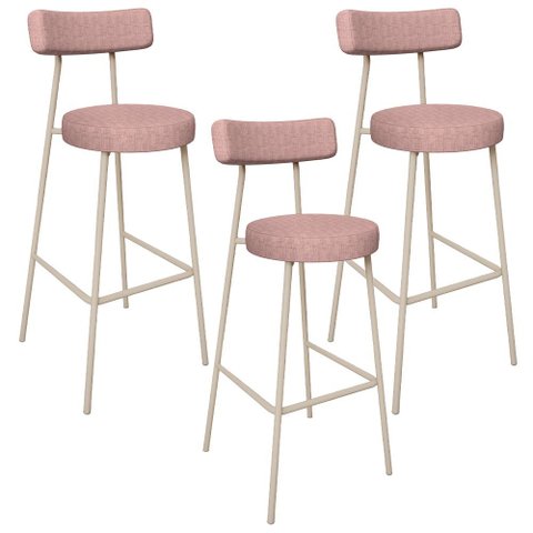 Kit 03 Banquetas Alta Bar Cozinha Sala de Jantar Aço Milão Arena L02 Linho Rosa - Lyam Decor
