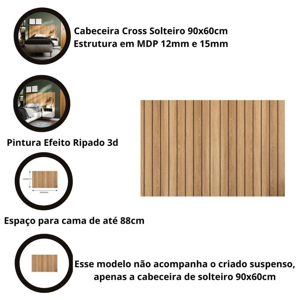 Cabeceira para Cama Box com Efeito Ripado 3d Cross Solteiro 90x60cm Freijó - Movelove - 3