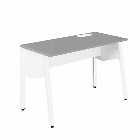 Estação Trabalho Plataforma Individual com Caixa de Tomadas Pés Cavalete 135cm Industrial Executive Cinza Sagrado e Branco