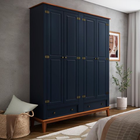 Guarda Roupa Solteiro Madeira Maciça Rústico 4 Portas 2 Gavetas Azul Petróleo - Apaixone & Decore