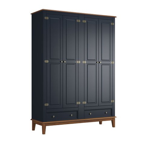 Guarda Roupa Solteiro Madeira Maciça Rústico 4 Portas 2 Gavetas Azul Petróleo - Apaixone & Decore