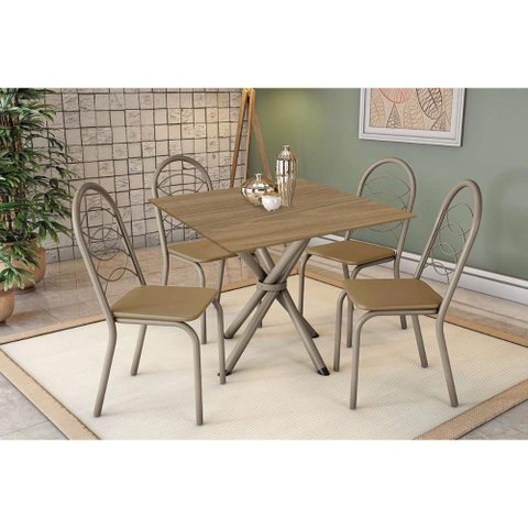 Conjunto: Mesa Sala Jantar Volga C/ Tampo de Madeira 90cm e 4 Cadeiras Holanda Niquel/nogueira -