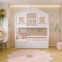 Ver imagem 1 de Beliche Infantil Casinha Dos Sonhos com Varanda 2 Gavetas Madeira Maciça Branco Rosa Megamobília