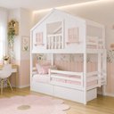 Ver imagem 2 de Beliche Infantil Casinha Dos Sonhos com Varanda 2 Gavetas Madeira Maciça Branco Rosa Megamobília