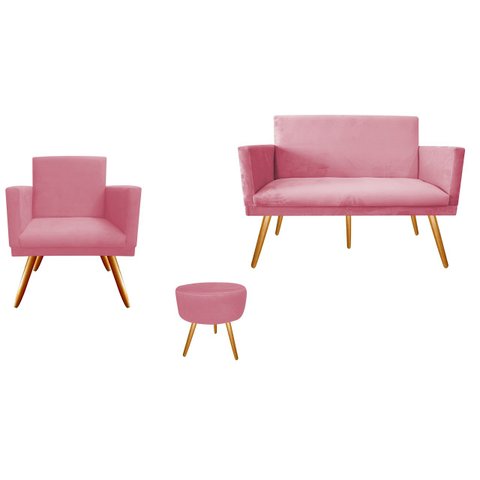Kit Namoradeira + 1 Poltrona Decorativa Nina + Puff Redondo Suede Rosa Pés Madeira Ms Decor