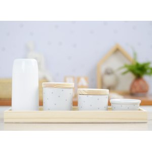 Kit Higiene Porcelana Bebê Maternidade Poá Cinza Unissex Bancada K066