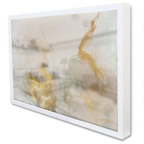Quadro Decorativo Caixa Alta com Vidro Abstrato Mármore Branco Gold TaColado Moldura Branca 90 x 60c