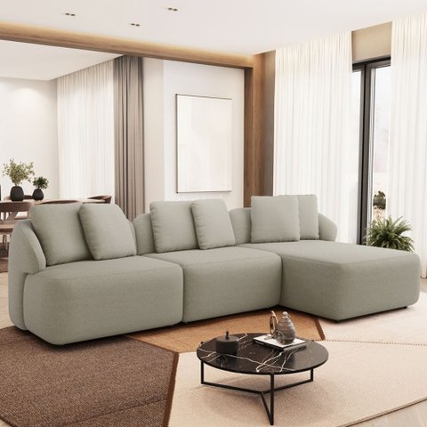 Sofá 3 Lugares com Chaise Direito Sala Living 248cm Arlo F04 Linho Bege - Lyam Decor