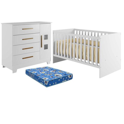 Berço Nacional Life 2186 com Cômoda Fly Branco Acetinado Colchão Ortobom - Tigus