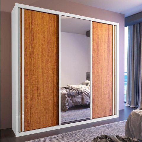 Guarda Roupa Casal Torino C Espelho 3 Portas de Correr 4 Gavetas MDF Branco-Naturale Bom Pastor