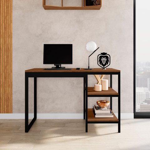 Escrivaninha Mesa Escritório Slim 2 Prateleiras 130cm Industrial Espresso Móveis Preto E Canela Rústico