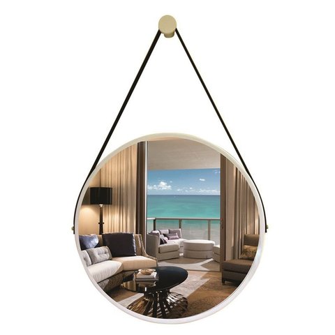 Espelho Redondo Decorativo Suspenso com Alça 60cm + Suporte - Branco / Alça Preta