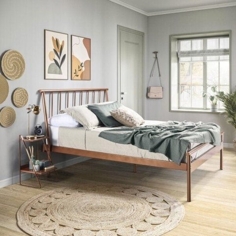 Conjunto Cama de Casal em Aço e 1 Mesa de Cabeceira em Aço Begônia CabeCasa MadeiraOriginals Laranja/Cobre