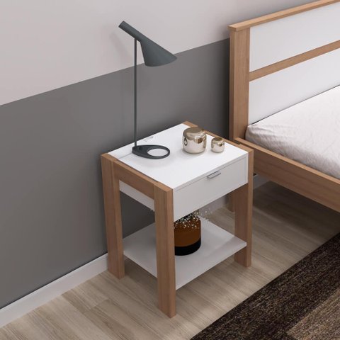 Mesa de Cabeceira com 1 Gaveta e 1 Tomada Bivolt - Branco/Am