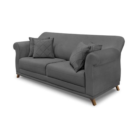 Sofá 3 Lugares Pé de Madeira Julieta 220 Cm Suede Cinza S04 - D'Rossi