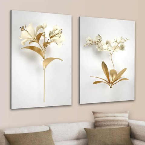 Conjunto Quadros Decorativos Florais Dourado para Sala de Estar Hall em Tecido Canvas Grandes