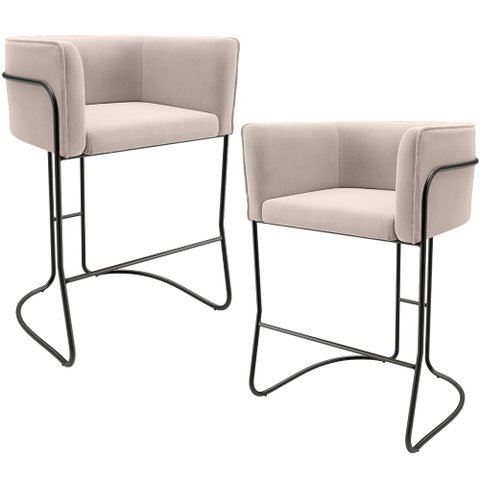 Kit 02 Banquetas Baixa Base de Aço Preto Betina D02 Suede Bege C-309 - Lyam Decor