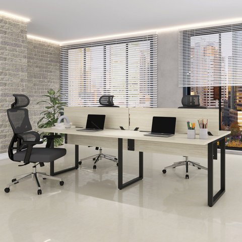 Plataforma Dupla Escrivaninha Tub Corporativa Light 4 Lugares 220cm Industrial Castanheira Natural e Preto Cinza/Marrom
