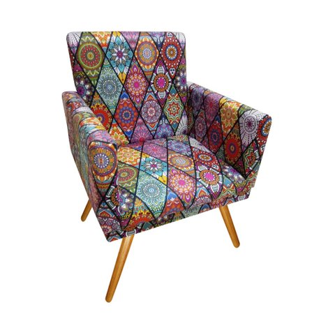 Poltrona Decorativa Nina Suede Mandala Vermelho Pés Madeira Ms Decor