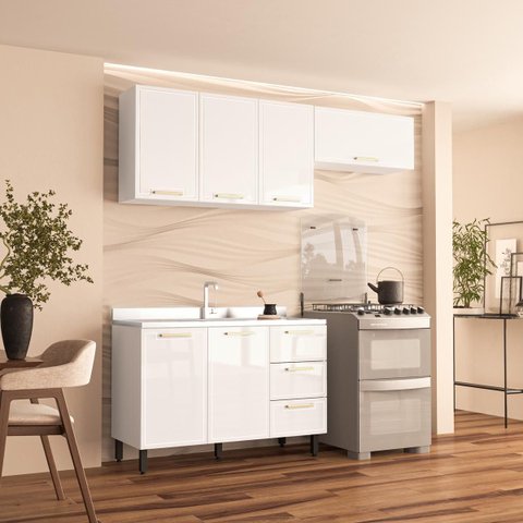 Cozinha Amara 3 Peças 200x224,5cm Armários Aéreos Balcão 2 Portas 3 Gavetas Branco 250075