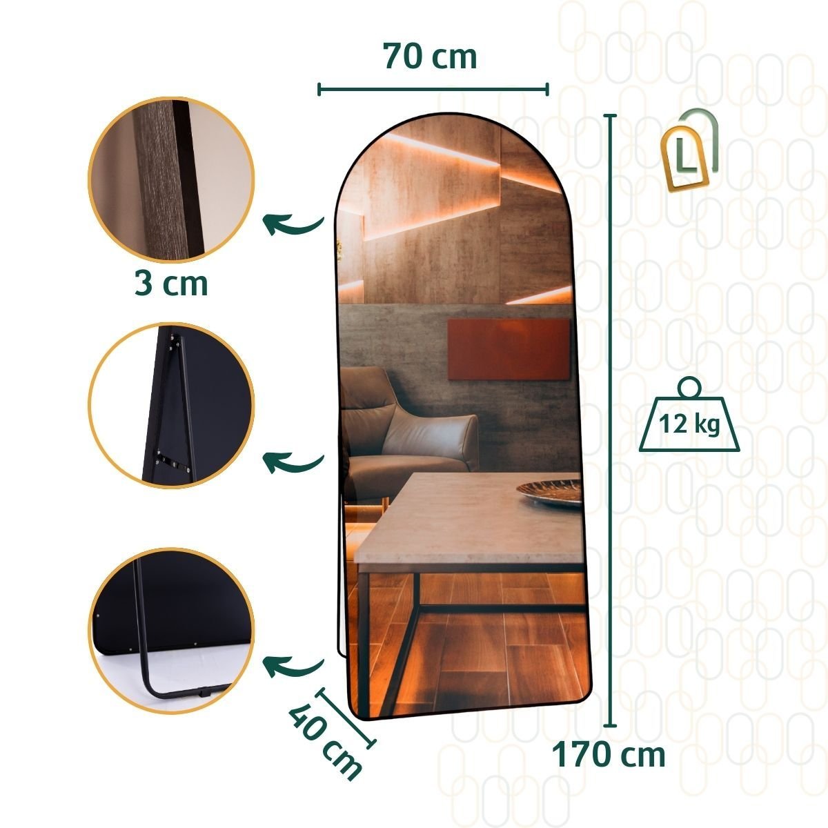 Espelho Grande Oval Base Reta com Moldura Metal Corpo Inteiro 170 X 70 Cm C/suporte de Chão - 7