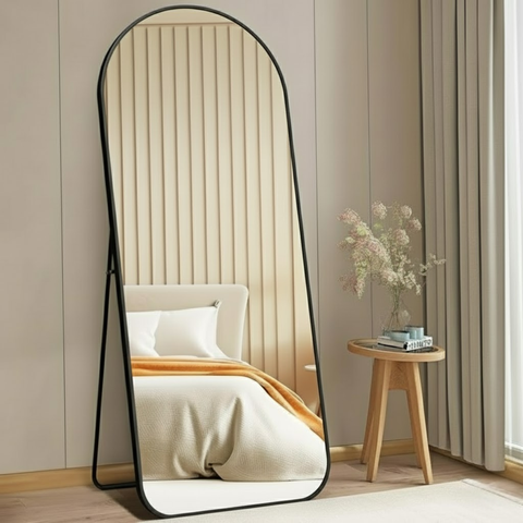 Espelho Grande Oval Base Reta com Moldura Alumínio Corpo Inteiro 170 X 70 Cm C/suporte de Chão