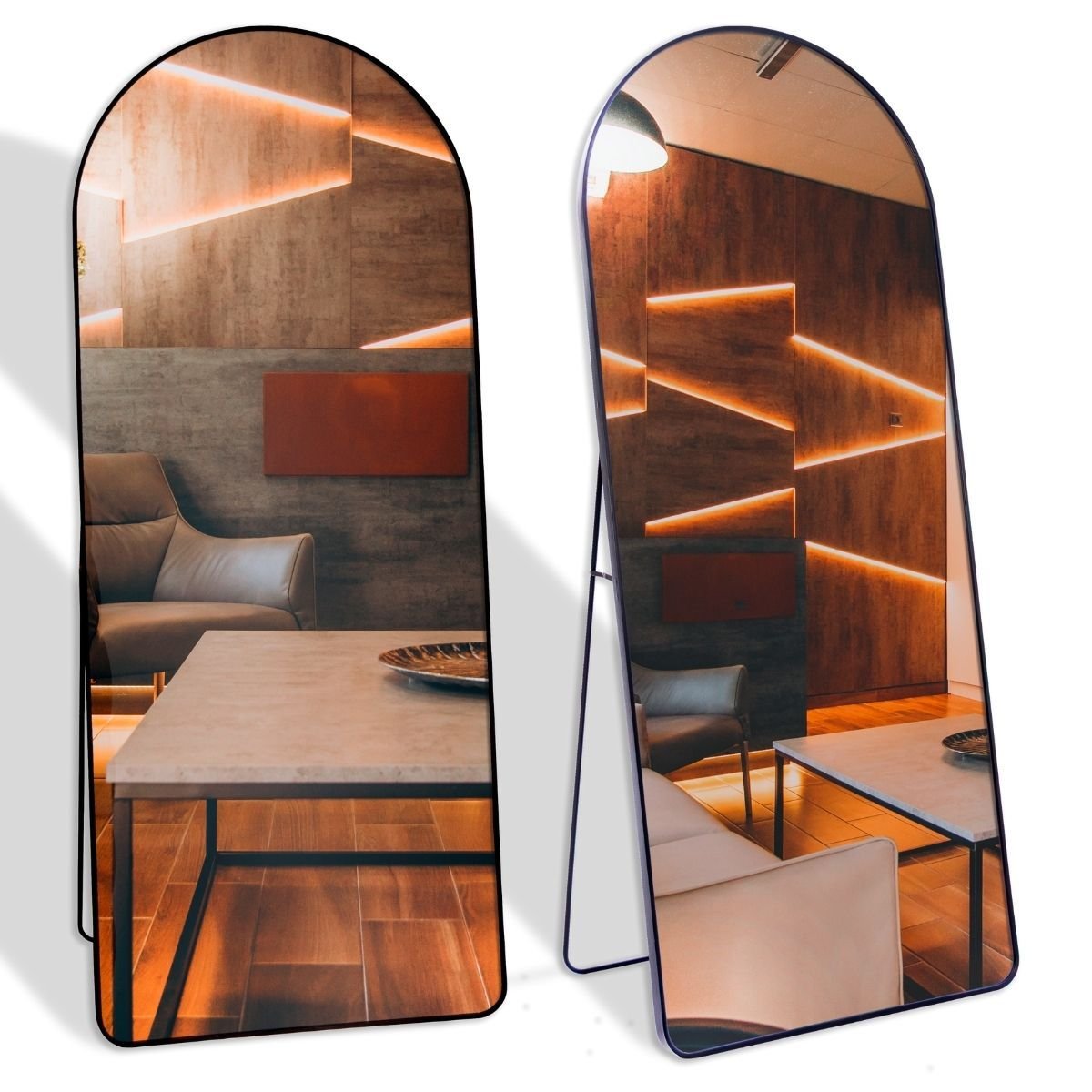 Espelho Grande Oval Base Reta com Moldura Metal Corpo Inteiro 170 X 70 Cm C/suporte de Chão