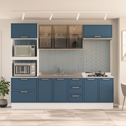 Cozinha com Rodapé Torre Quente Armário Cristaleira Aéreo Basculante Balcão Amara Azul/Branco