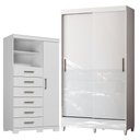 Ver imagem 1 de Guarda Roupa Solteiro 2 Portas de Correr com Pés e Cômoda Marabá com Pés Branco Brilho - Santos Andi