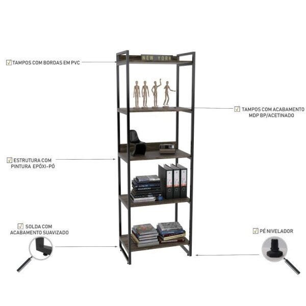 Escrivaninha 90cm com Estante 60cm 5 Prateleiras Industrial  Cravalho Dark - 9