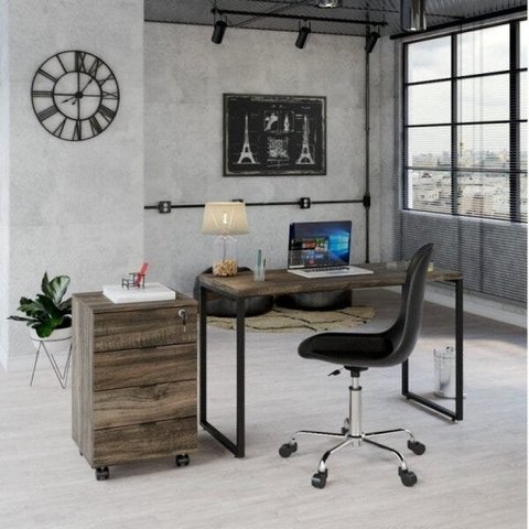 Escrivaninha Mesa Escritório com Gaveteiro Kuadra Carvalho Dark 4 Gavetas Industrial