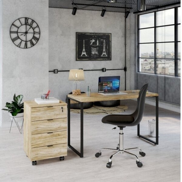 Conjunto Home Office Industrial 2 Peças com 1 Escrivaninha 120cm e 1 Gaveteiro 4 Gavetas Kuadra