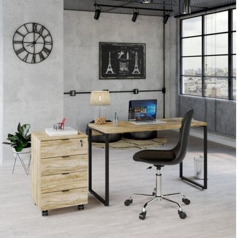 Conjunto Home Office 2 Peças com 1 Escrivaninha e 1 Gaveteiro Kuadra 4 Gavetas Industrial Preta