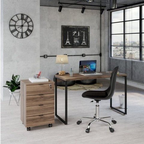 Conjunto Home Office 2 Peças com 1 Escrivaninha e 1 Gaveteiro Kuadra 4 Gavetas Industrial Preta Yescasa Marrom