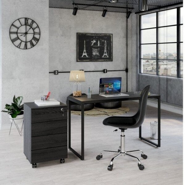 Conjunto Home Office Industrial 2 Peças com 1 Escrivaninha 120cm e 1 Gaveteiro 4 Gavetas Kuadra