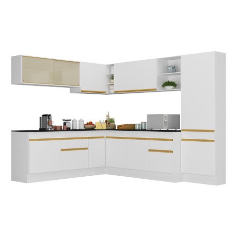 Armário de Cozinha Completa de Canto com Rodapé Veneza Multimóveis V2100 Branco/Dourado