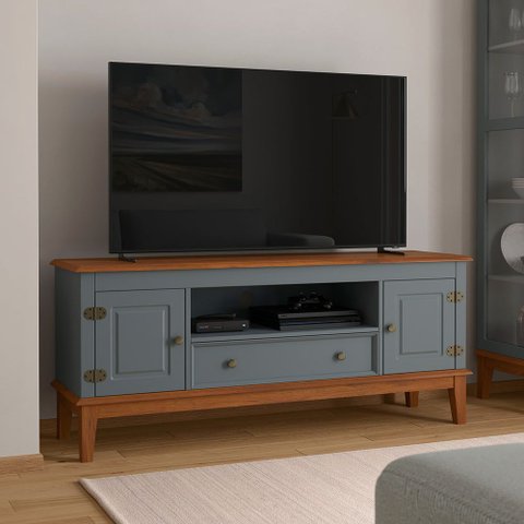 Rack para TV 65 Polegadas Madeira Maciça 2 Portas 1 Gaveta Rústico 149cm Cinza - Apaixone & Decore