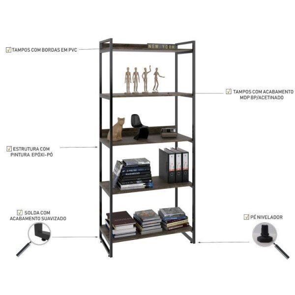 Escrivaninha com Estante 5 Prateleiras Kuadra  Carvalho Dark - 10