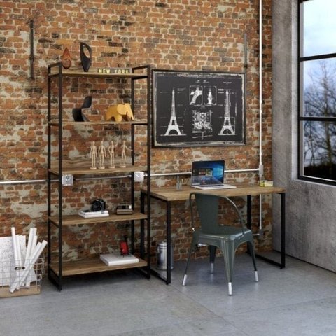 Conjunto 2 Peças com 1 Escrivaninha e 1 Estante 5 Prateleiras Kuadra Industrial Carvalho