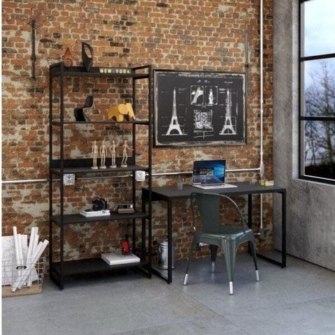 Conjunto 2 Peças com 1 Escrivaninha e 1 Estante 5 Prateleiras Kuadra Industrial Preta