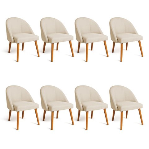 Kit 08 Cadeiras Poltrona de Jantar Luna Suede Bege Pés Palito Castanho