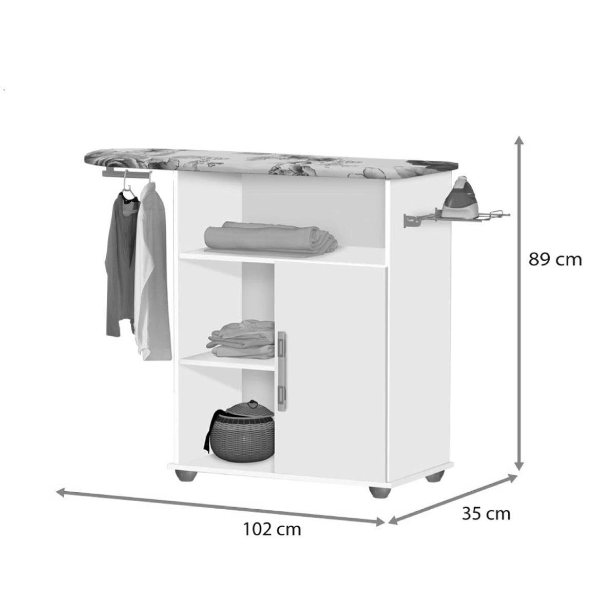 Tábua de Passar Roupas Junior Amendoa 1 Porta,2 Nichos,1 Prateleira, Suporte para Cabides e P/ Ferro - 4