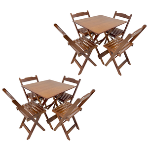 Kit com 02 Jogos de Mesa 70x70 com 4 Cadeiras Dobráveis Madeira Maciça - Reisol Móveis Marrom